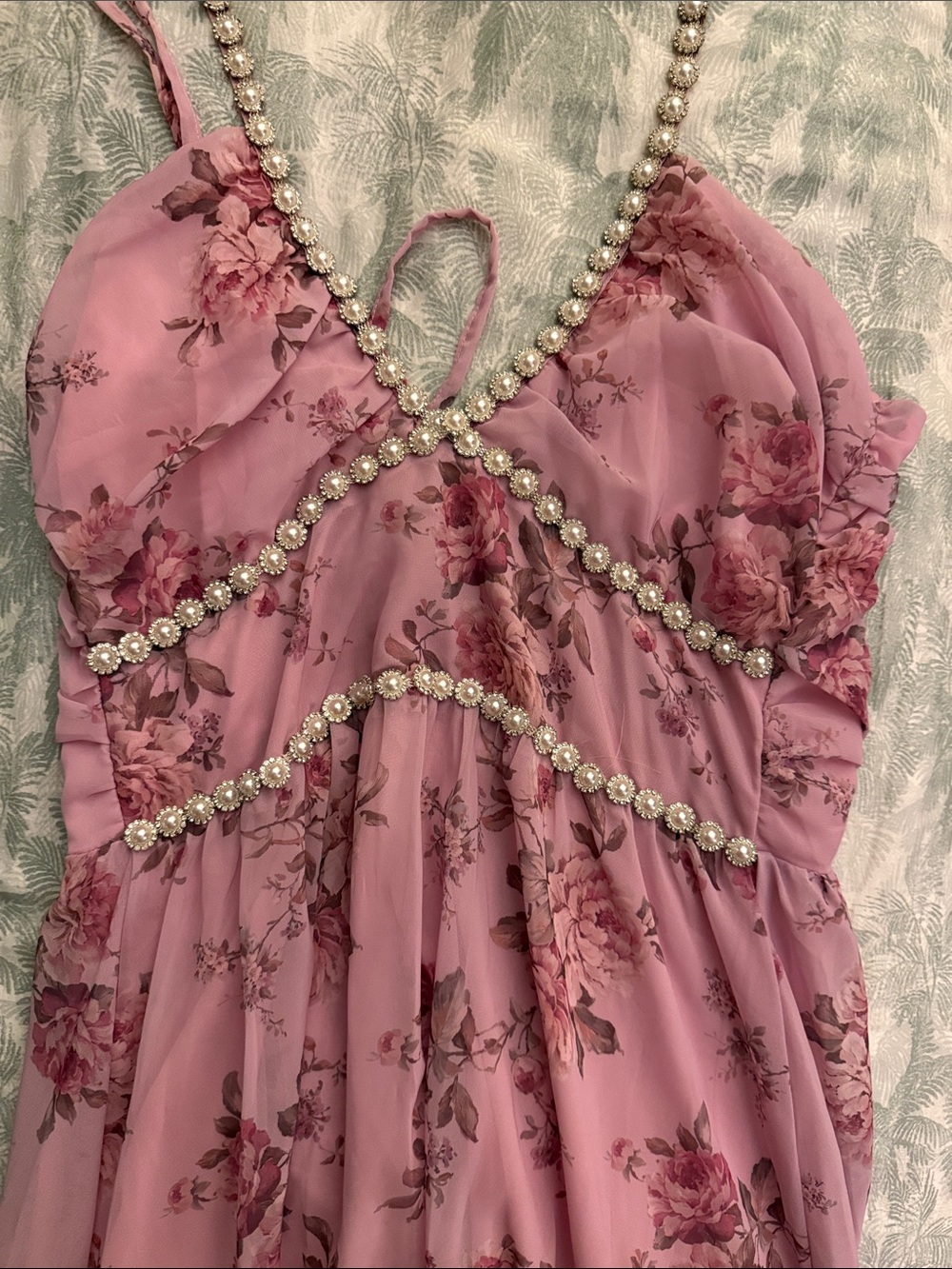 Pink Floral Beaded Spaghetti-Strap Dress